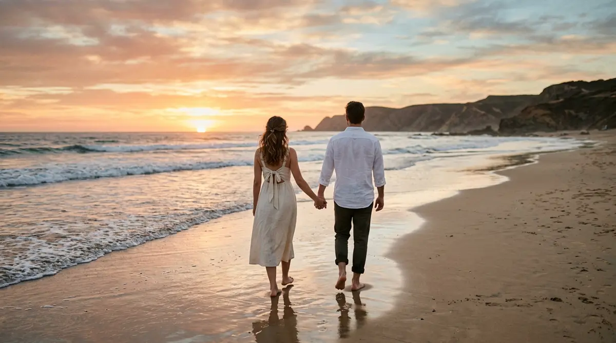 A couple walking barefoot hand in hand along the shoreline at sunset